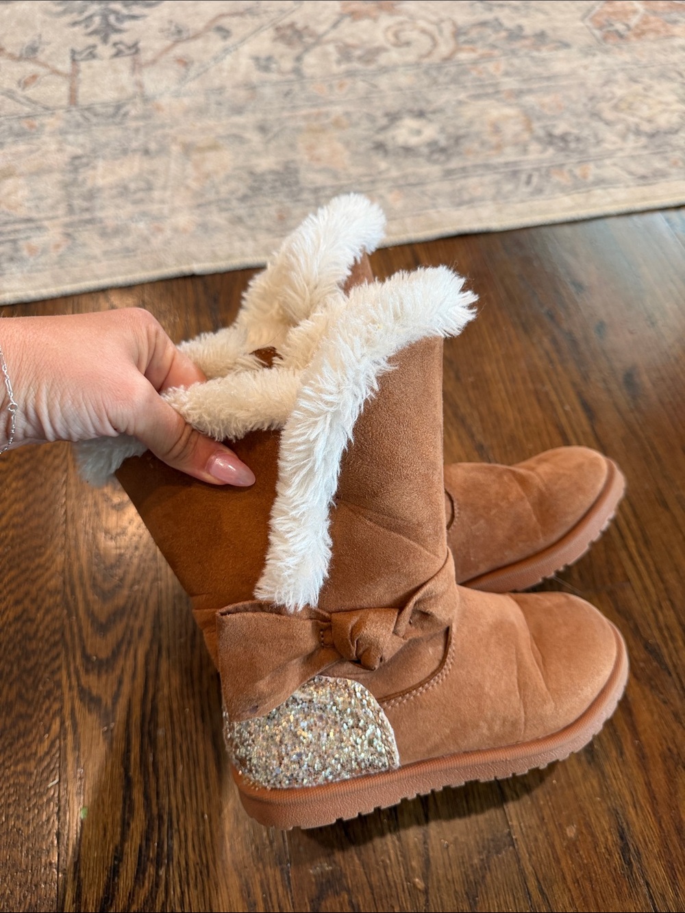 Magellan Outdoors Kids Tan Faux-Fur Lined Boots with Glitter Heel